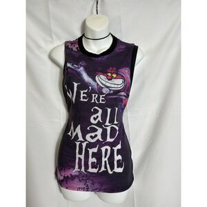 Disney We're All Mad Here Tank Muscle Shirt Cat Graphic Womens Size S Y2K Grunge